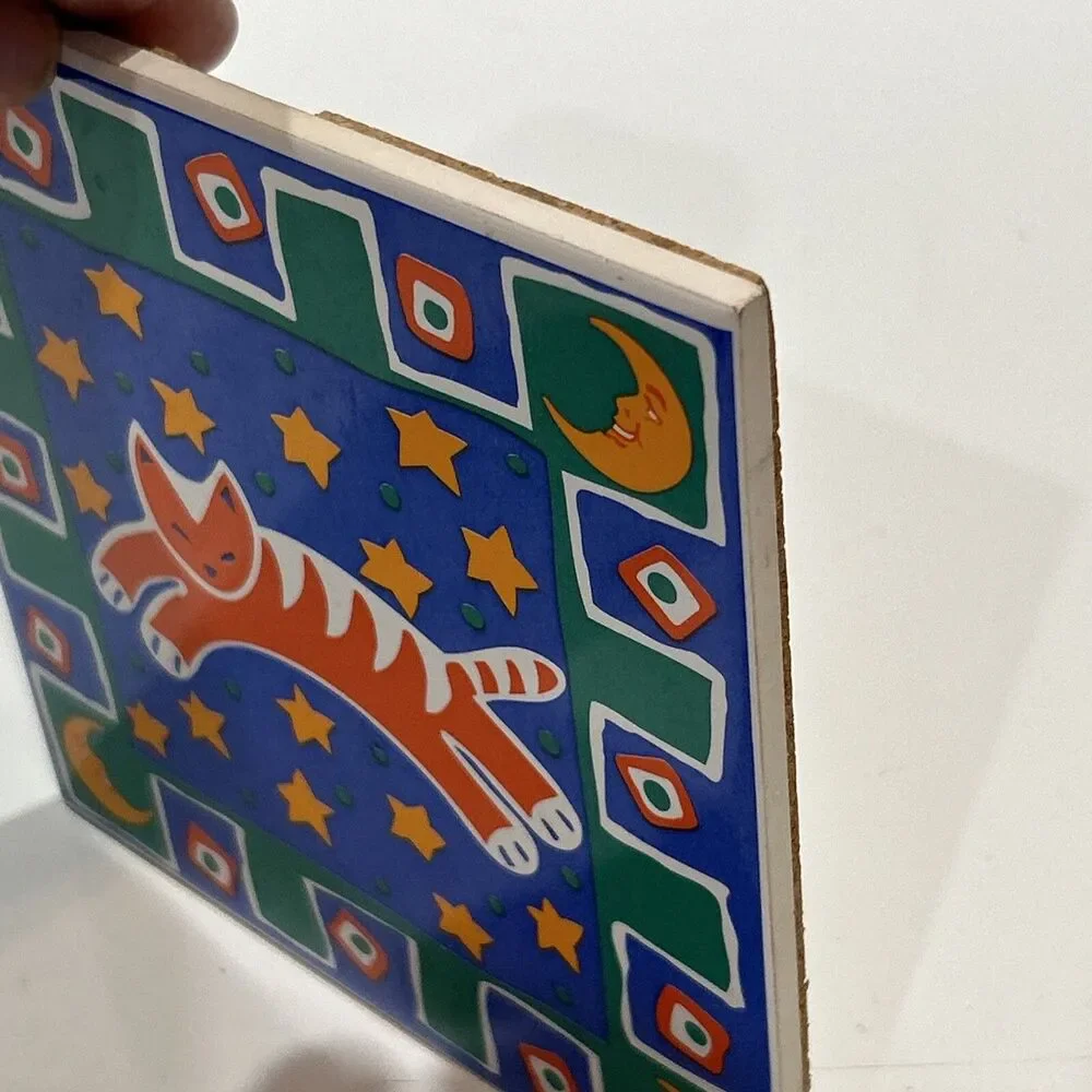 Papel Cat Moon Stars Ceramic Tile Trivet Wall Hanging  Freelance Taiwan Stylized